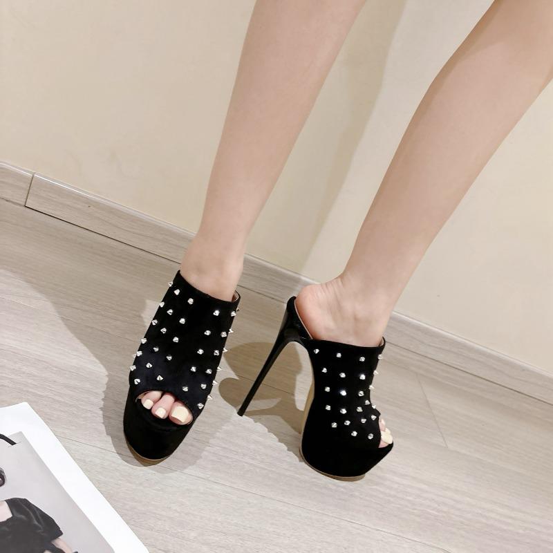 Neue Sexy Sommer Extreme Stiletto High Heels Plateau Damen Hausschuhe Design Stil Nieten Peep Toe Party Damenschuhe Zapatos Mujer