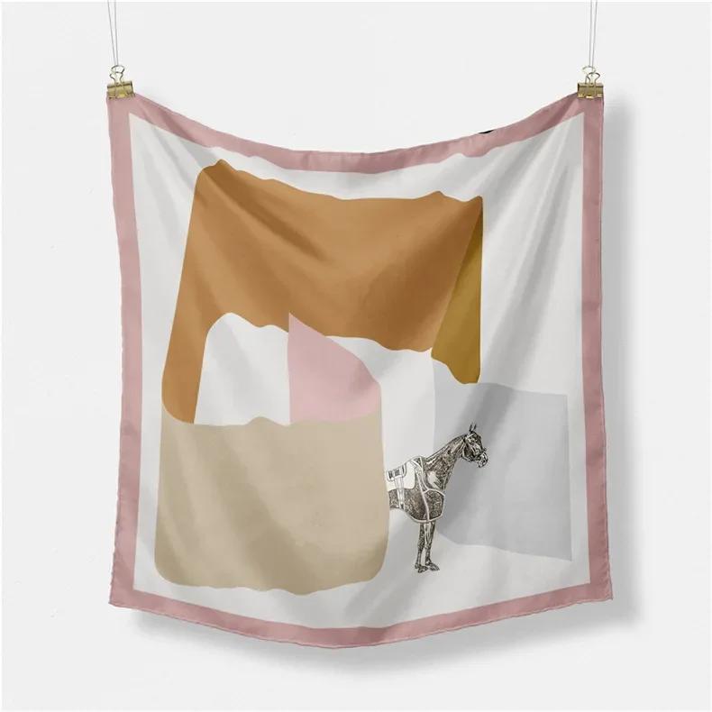 Luxury Horse Print Silk Square Scarf Women Spring Neck Tie Shawl Wraps Female Hair Hand Wrist Headkercheif Hijab Bandana