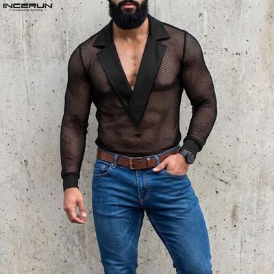 Herren V-Ausschnitt Langarm Netz Durchsichtig Ausgeschnitten Figurbetont Party T-Shirts