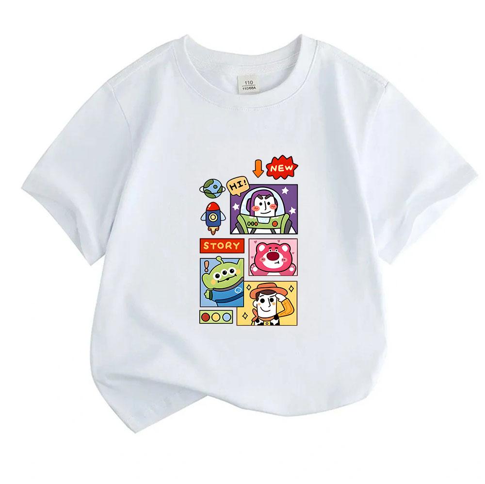Kids Boys Girls Crew Neck Short Sleeve 100% Cotton T-Shirt Cute Cartoon Space Toy Characters Print Casual Soft Breathable Tees Tops for Children Daily