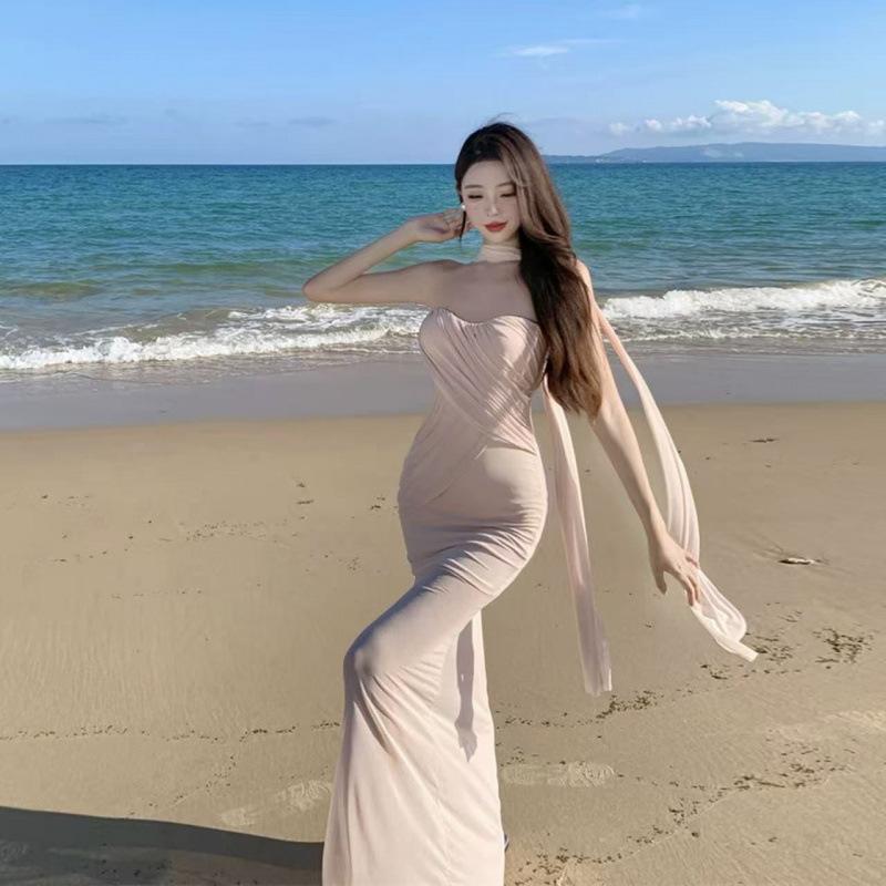 French temperament socialite beautiful fishtail long dress mesh tube top dress women's high-end seaside vacation beach dress