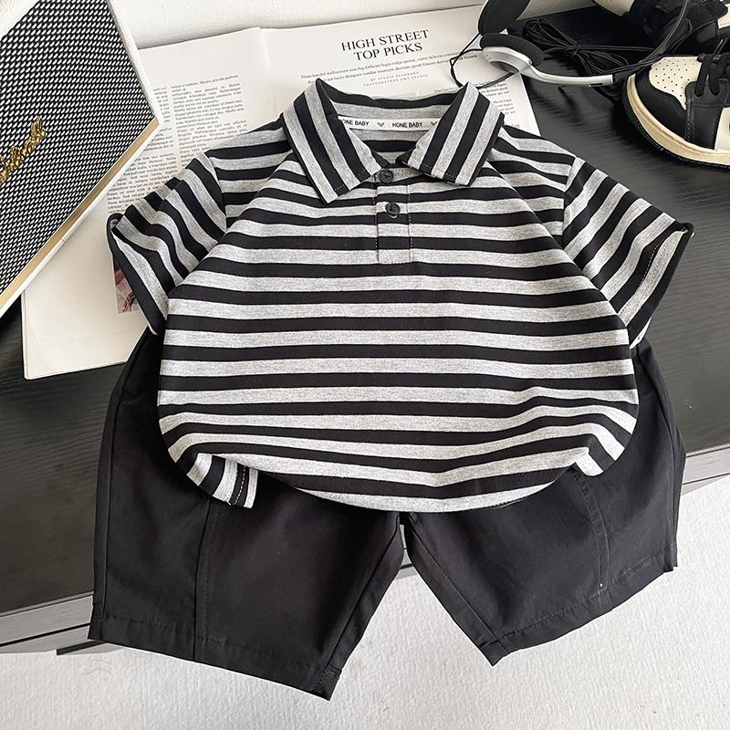 0-5-jährige Jungen Kurzarm-Set Kinder gestreiftes POLO-Shirt+Freizeithose zweiteiliges Set