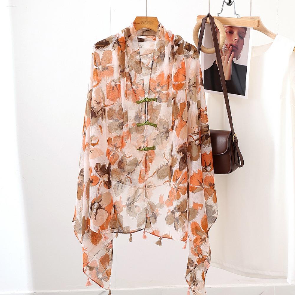 Tassels Sunscreen Scarf Shawl Knot Button National Style Cloak Fashion Cardigan Cape  Outdoor