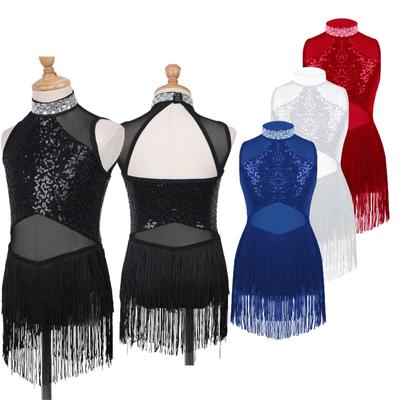 Shiny Rhinestone Decorated Collar Sequins Patchwork Mesh Tassel Hem Dance Leotards Kids Girls Stylish Clothing