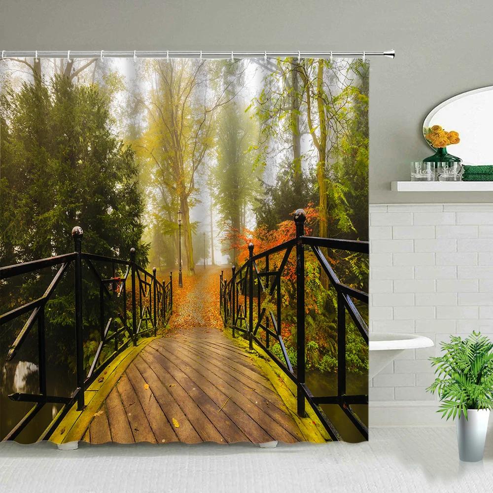 Hot Sale Natural Landscape Wooden Bridge Waterfall Shower Curtain Set Spring Scenery Green Forest 3d Waterproof Hanging Curtains