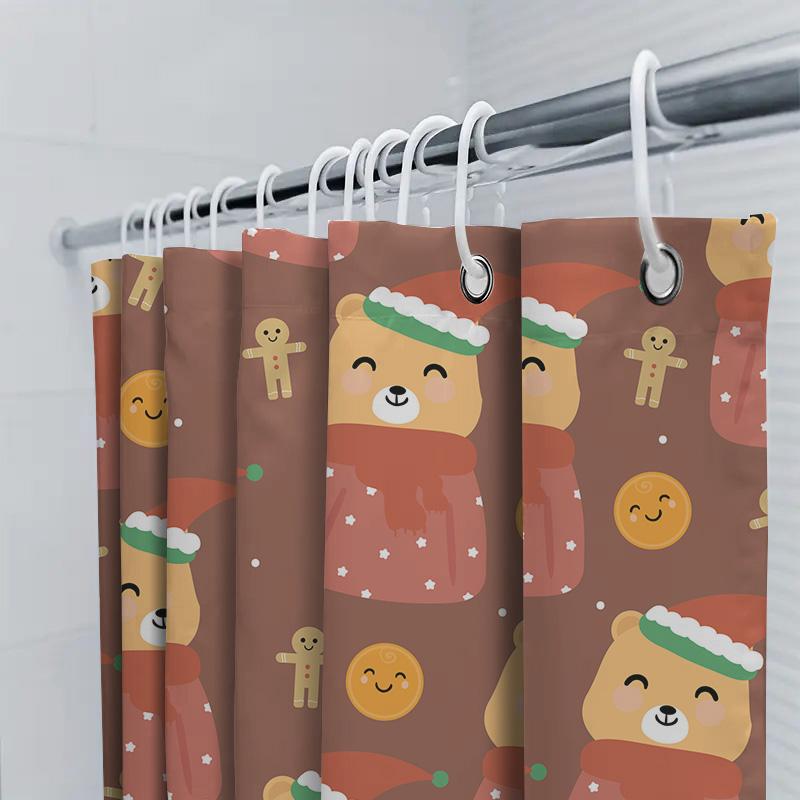 Christmas-Themed Shower Curtain Featuring Cute Bear Design With Santa Hat, Red Scarf And Festive Gingerbread Cookies For Bathroo