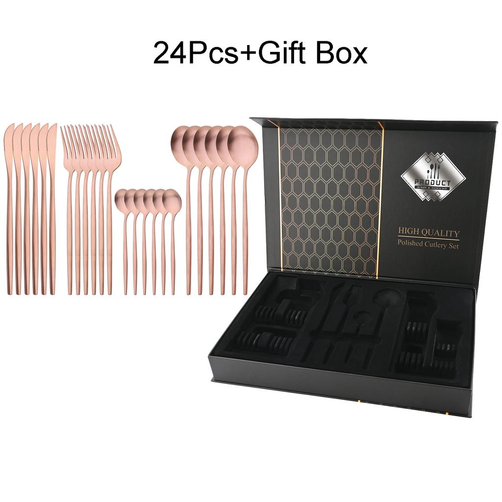 24-teiliges Luxus-Geschirrset aus schwarzem Gold, Messer, Gabel, Löffel, Besteckset mit Geschenkbox, Edelstahl-Geschirrset, Küchenbesteck, spülmaschinenfest