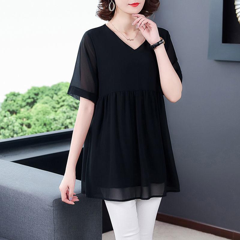 Fashion Commute Solid Midi Shirt Women's All-match Patchwork Summer Short Sleeve Elegant V-Neck Chiffon Blouse