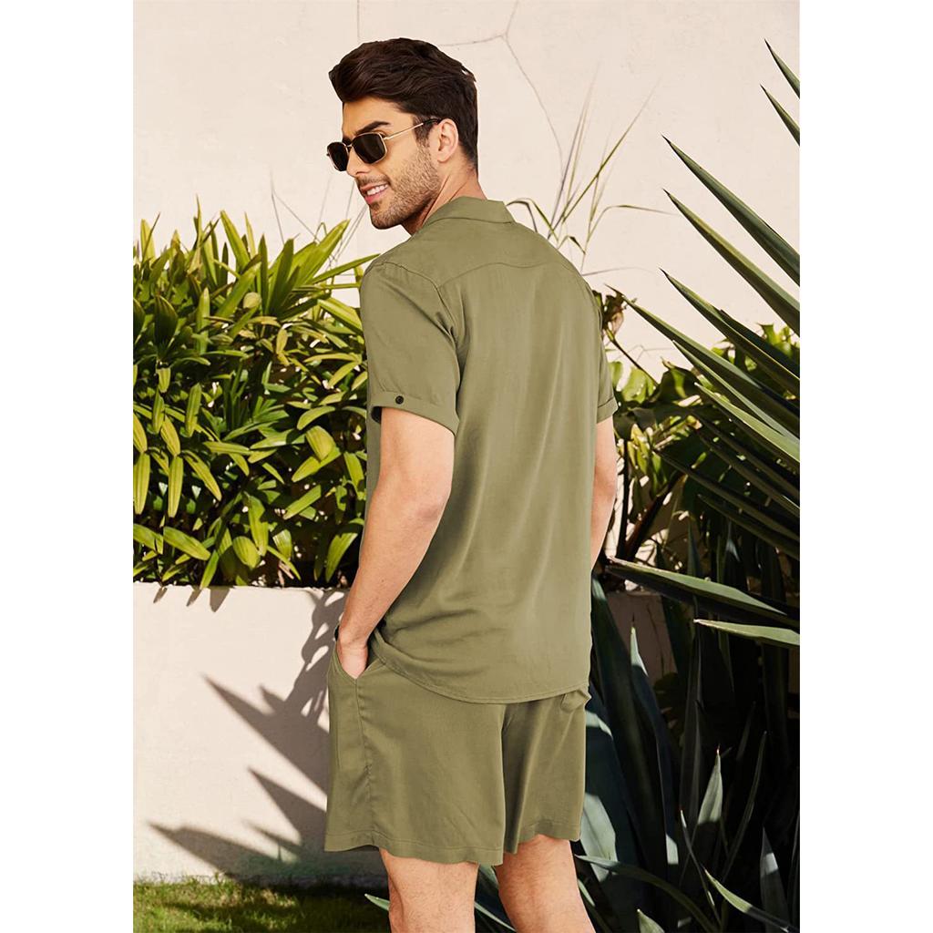 Summer Men's Cotton Linen Shirt Set Men's Casual Outdoor 2-Piece Suit and Home Clothes Pajamas Comfy Breathable Beach Short Sleeve Sets
