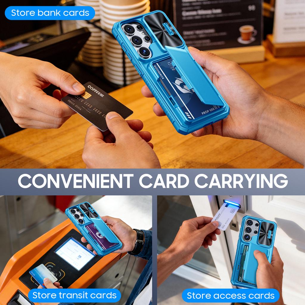 With Card Holder Sliding Camera Cover And Stand For Samsung Galaxy S26 Ultra Phone Case, Anti-Fall PC+TPU Wallet Case-Light Blue