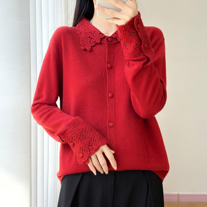100% Mercerized Wool Crochet Lace Polo Collar Casual Versatile Knit Cardigan for Women