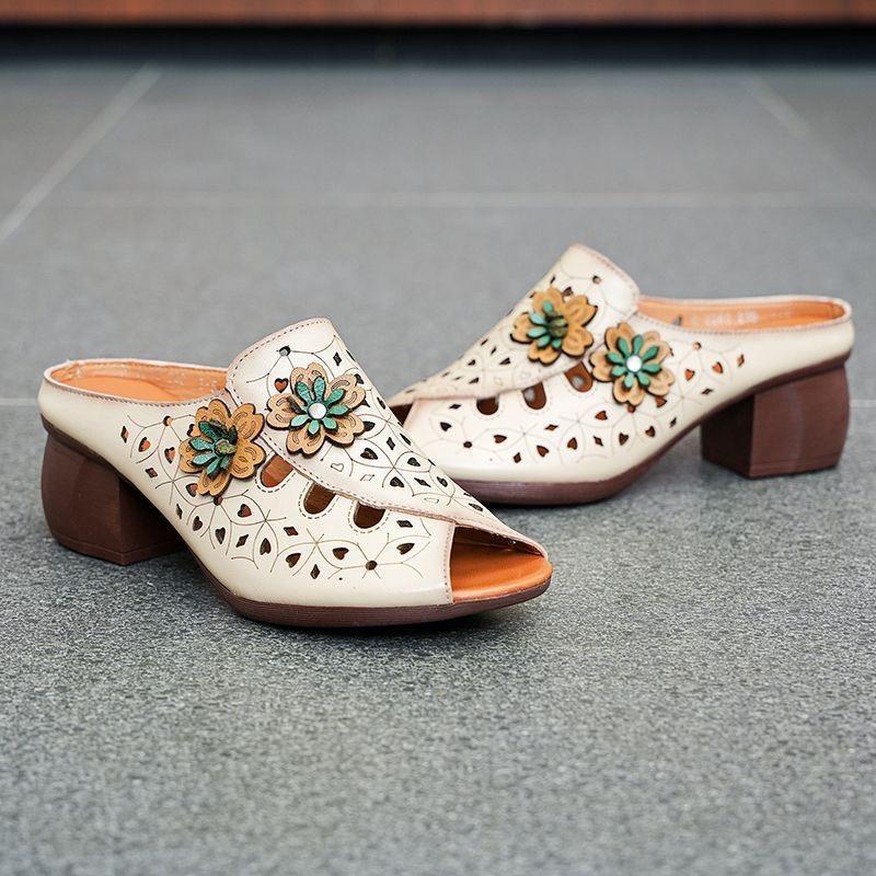 Women Flower Hollow Slippers Fish Mouth Comfortable Versatile Mid-heeled Women Sandals Women's Shoes