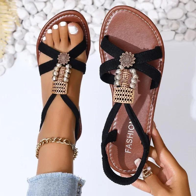 Fashion Ladies Shoes 2024 Hot Sale Elastic Band Women's Sandals Fashion Metal Decoration Daily Sandals Women New Round Toe Flat Sandals