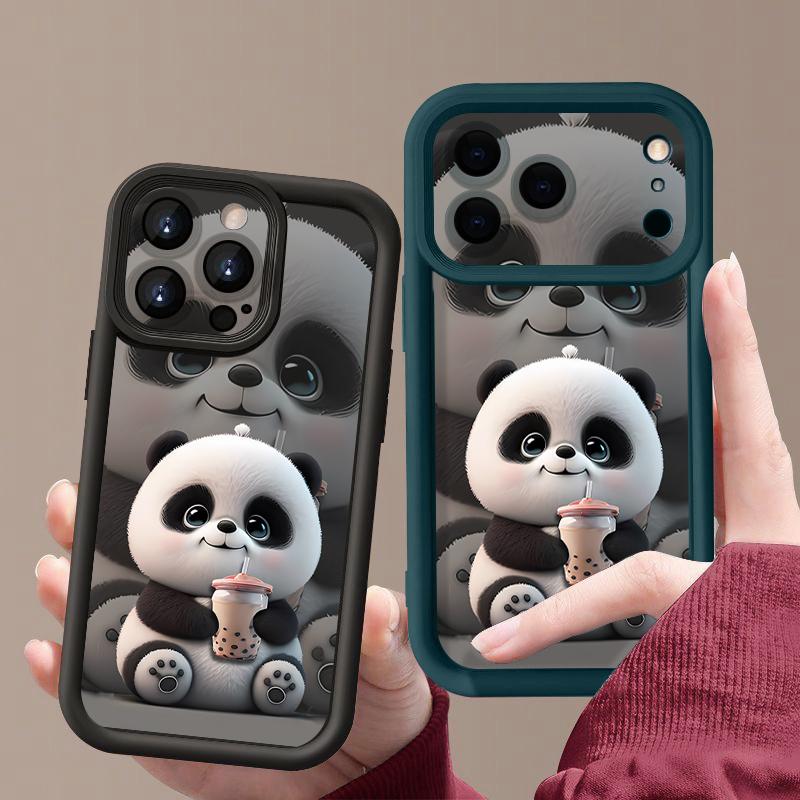 Milk tea-drinking Panda Pattern Case For iPhone 17 Pro Max Funda Shockproof Bumper Cover For iPhone 16 Pro Max 15 14 13 12 11 Air 16E