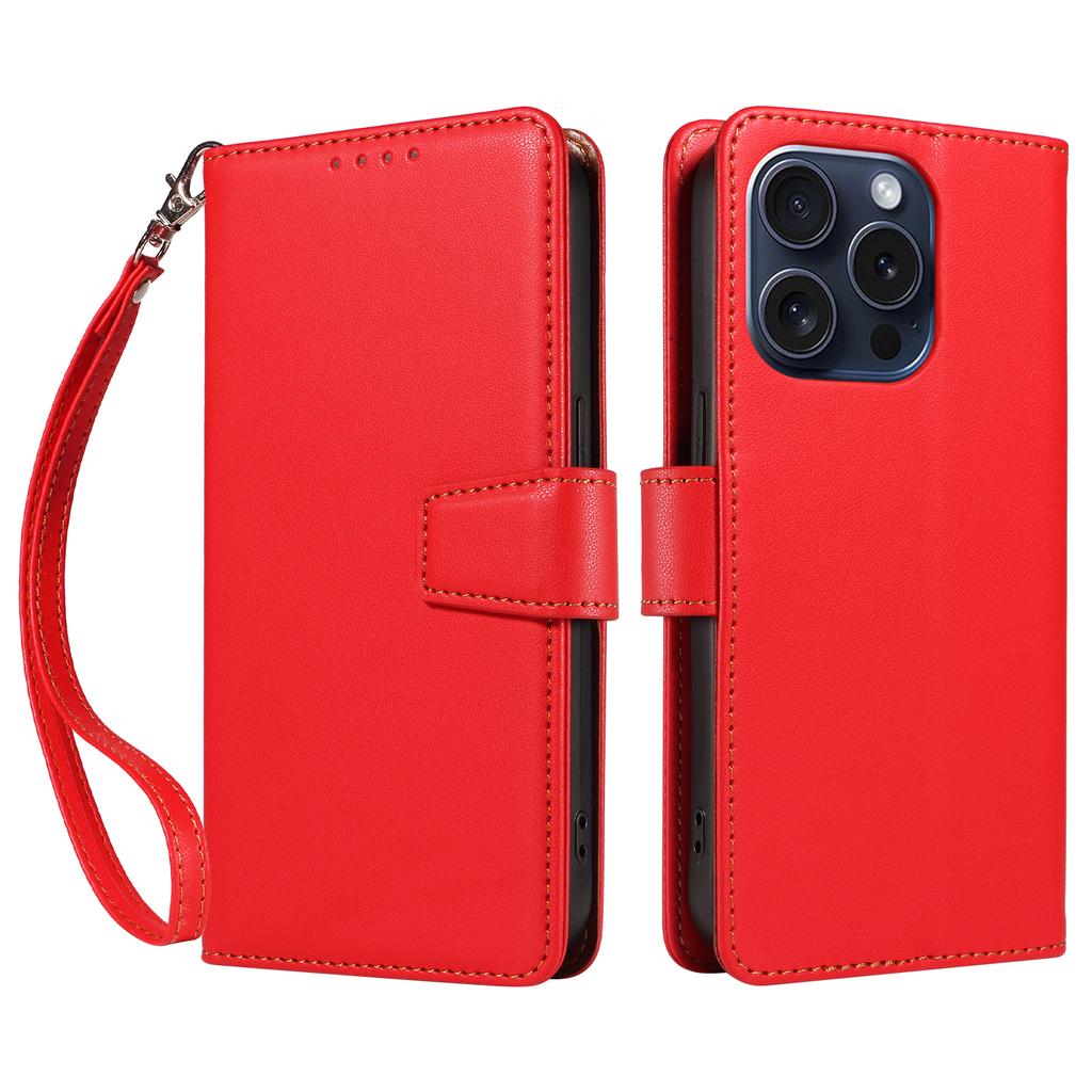 For iPhone 15 Pro Case RFID Blocking PU Leather Wallet Flip Phone Cover with Wrist Strap