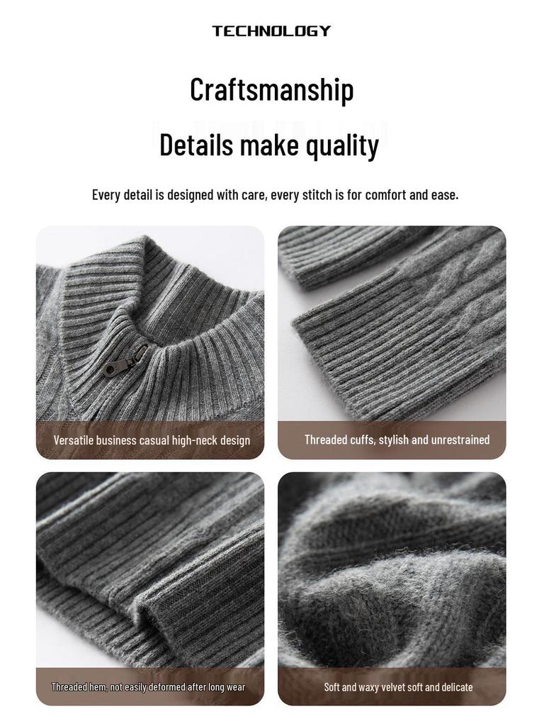 Men's Autumn/Winter Cashmere Cable Knit Zipper Cardigan Sweater, Half-High Collar, Plus Size
