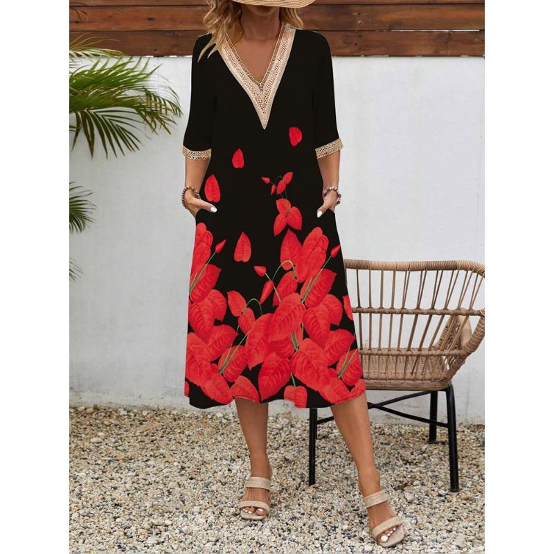 Women's Spring/summer Printed Short-sleeve Dress Lace V-neck Loose Swing Short-sleeve Mid-length Dress