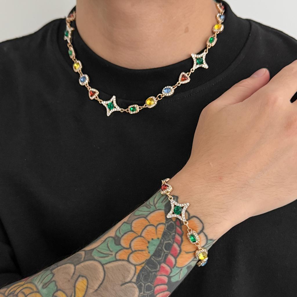 Salircon Trendy Luxury Colorful Crystal Chain Necklace Bracelet Set Men Hip Hop Clavicle Chain Trend Jewelry Male Birthday Gift
