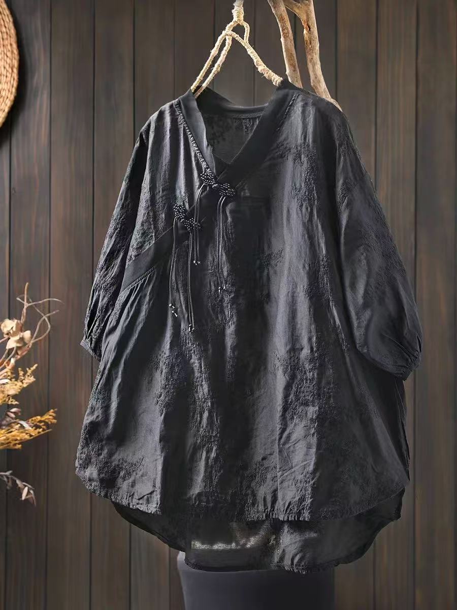 

Johnature Women Chinese Style Shirts Jacquard Vintage Blouses Spring V-Neck Long Sleeve Women Soft Tops One Size чорний