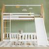 Bunk Bed, Children's Bed, with Fun Slide, Free Space with Fence, Sturdy Slatted Frames and Ladder, Pine + MDF + Plywood, White+Natural, 90x200cm