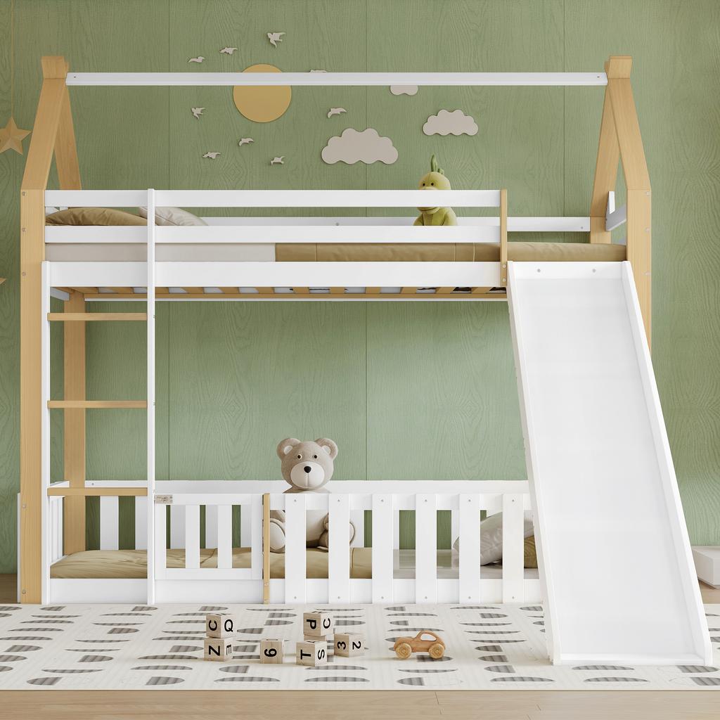 Bunk Bed, Children's Bed, with Fun Slide, Free Space with Fence, Sturdy Slatted Frames and Ladder, Pine + MDF + Plywood, White+Natural, 90x200cm