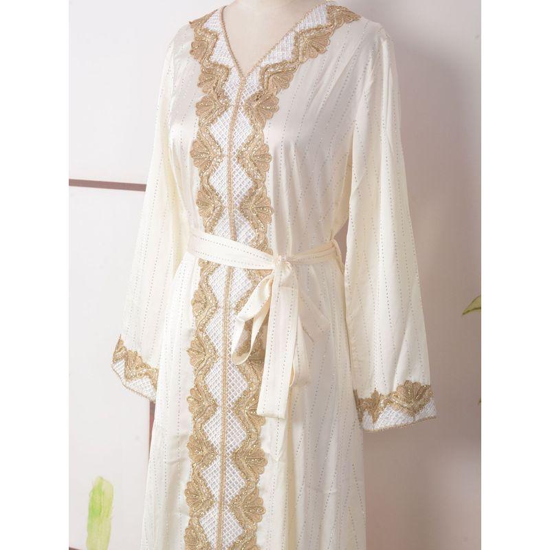 Middle East Robe Elegant New Women clothes Hot Drilling Long sleeve V-neck Big Hemline Lace Gold Thread Dress Insdresses