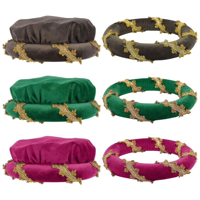 Cappello a cuffia imbottito in velluto rinascimentale con delicato bordo dorato per costumi medievali e rappresentazioni teatrali