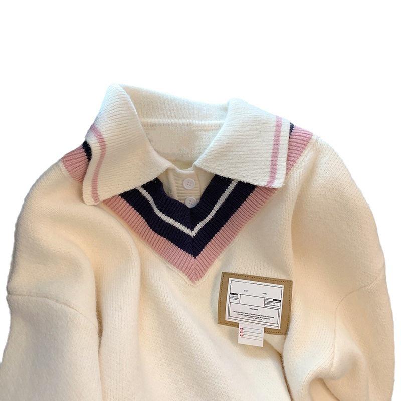 2023 Autumn/Winter Korean Style Loose Polo Collar Knit Sweater Jacket for Women