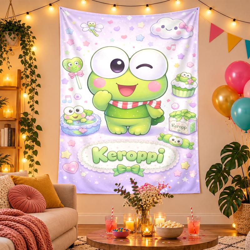 Polyester Wall Tapestry with Keroppi Design, Decorative Hanging for Bedroom Living Room Dorm