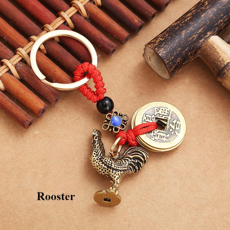 Pure Brass 12 Zodiac Keychain Pendant Five Emperors Money Lucky Key Ring Accessories Creative 3D Birth Year Women Men Bag Pendant New Year's Day Gifts