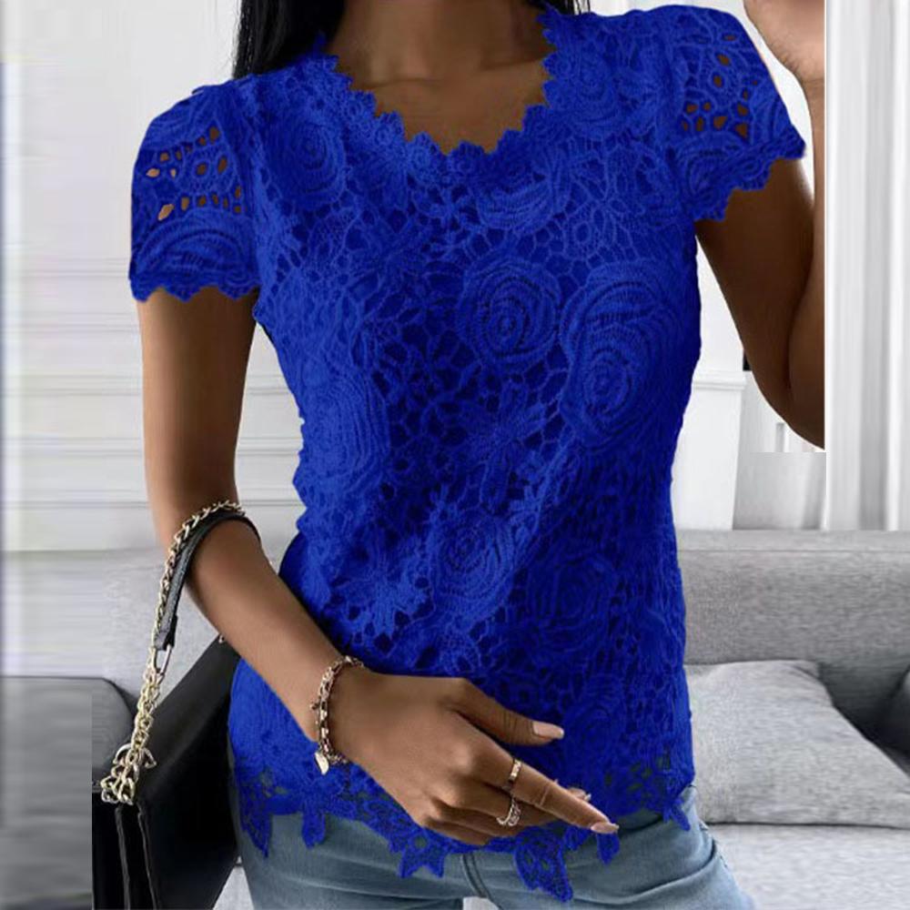 Plus Size Oversized Women Fashion Lace Round Neck Tops T-Shirt Ladies Summer Casual Short Sleeve Blouse Clothes For Female 2026