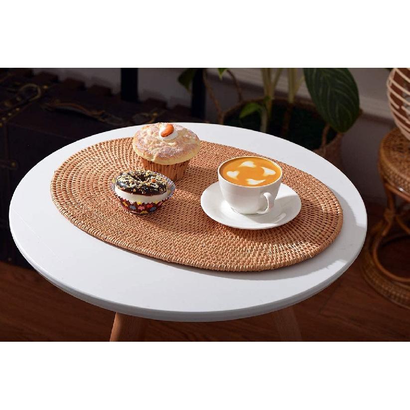 Set of 2 Oval 15.7x11.8IN Natural Handmade Rattan Placemats Rattan Insulation Heat-Resistant Mat Pot Holder Tripod