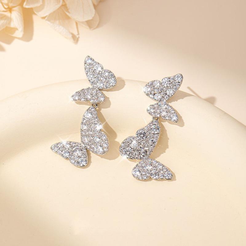Silver Butterfly Diamond Stud Earrings, 2025 Elegant Light Luxury High-End Jewelry