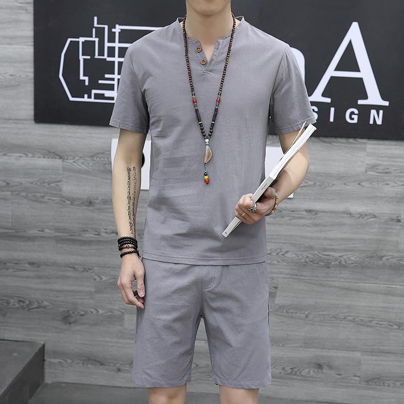 Men's Retro Chinese-Style Short Sleeve Cotton Linen Two-Piece Summer Hanfu Suit