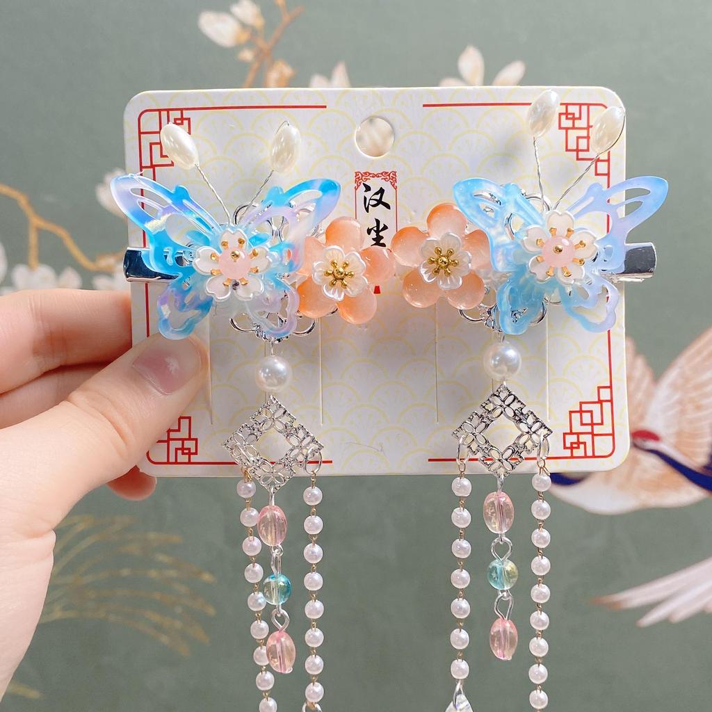 Han Chen Jewelry: Girls' Hanfu Headwear - Butterfly Flower Tassel Clips for Ancient Costume