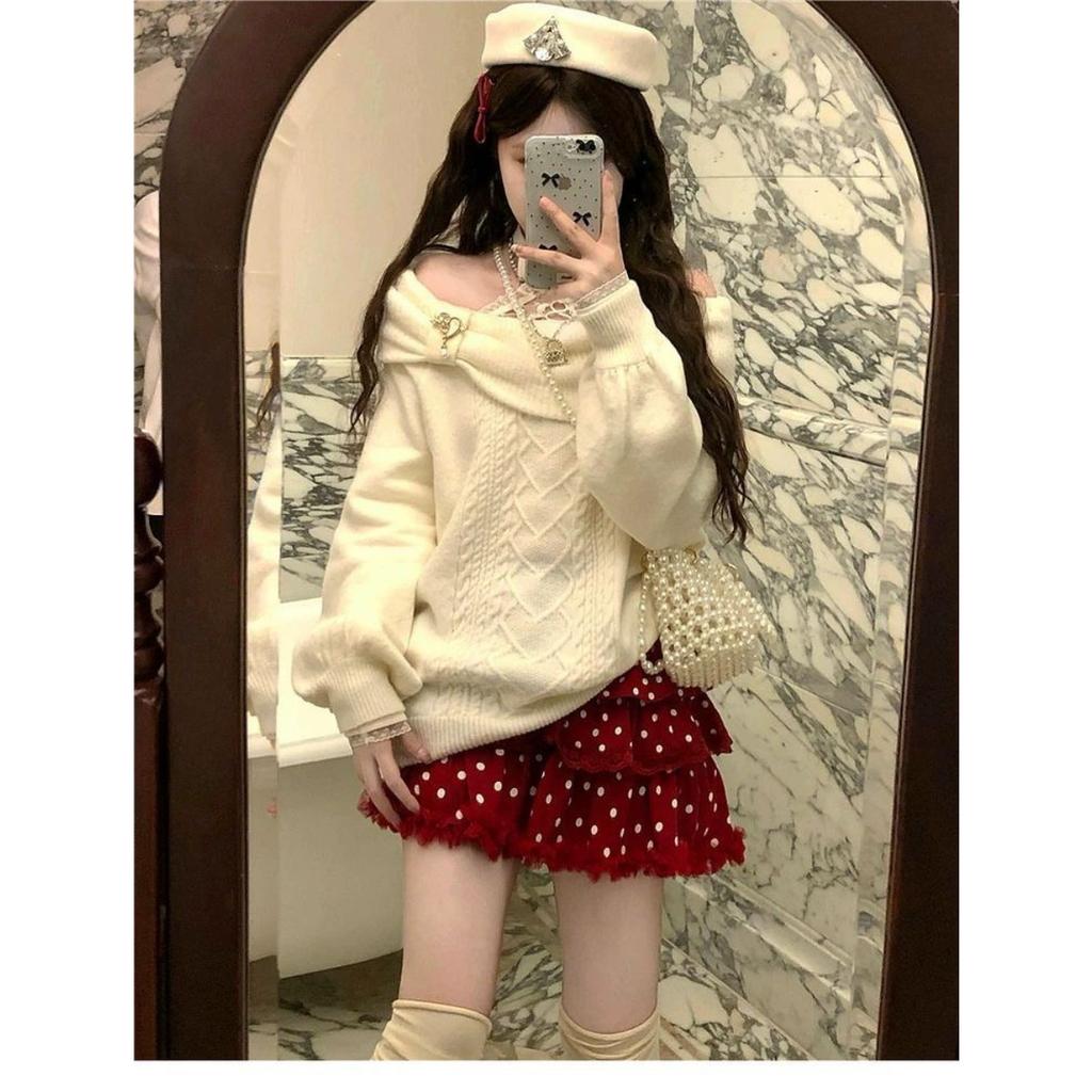 Women Sweet Hot Girl Bow Off-Shoulder Sweater Autumn Winter Elegant Sexy Fashion Knitted Tops Casual Y2k Knitwear Pullover New