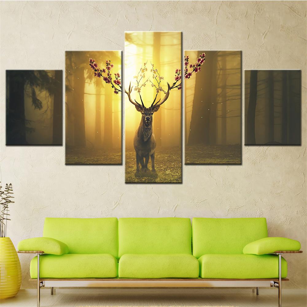 

Deer with Flowers in the Forest Wall Art Canvas Set Landscape Painting Animal Pictures Modular Posters on the Wall Room Decor 20X35 20X45 20X55cm