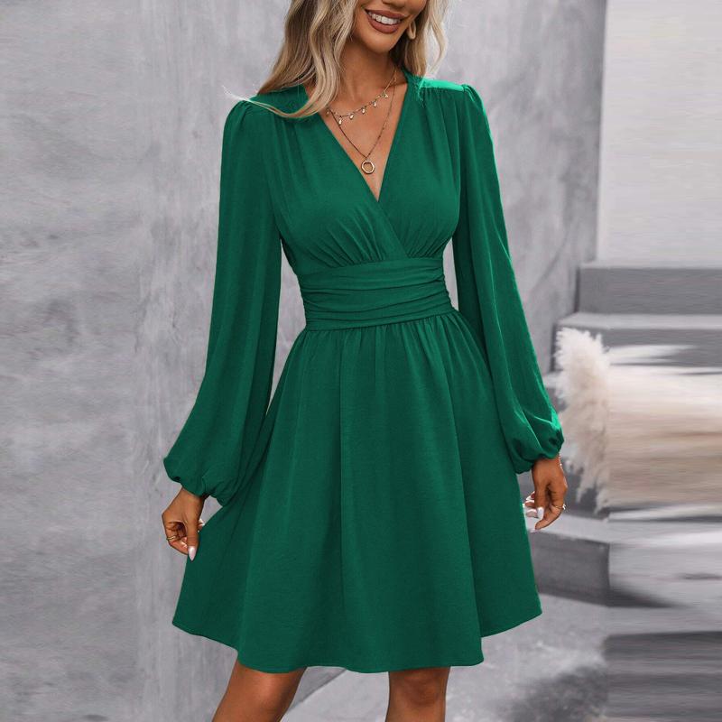 Spring Summer Women's Dress Solid Color Chest Wrapping V-Neck Lantern Sleeve Dress Women's Clothing