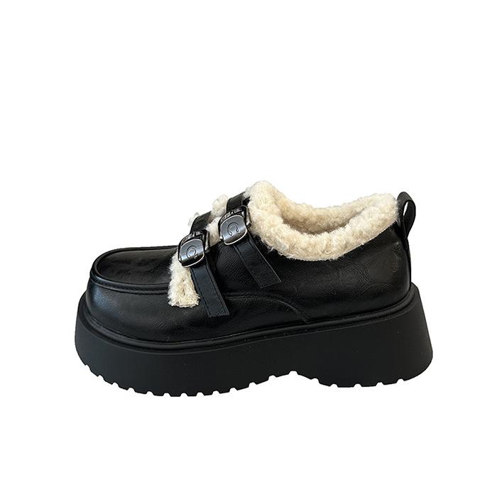 College Style Sweet and Cool Cotton Shoes Women's 2025 Autumn and Winter New British Style Heightening Strap Thick Heel Loafer Single Shoes Cotton Sh