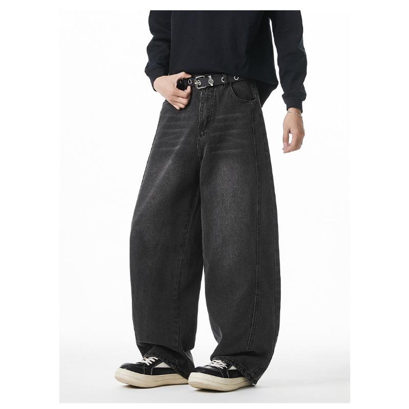 Men Loose Fit Washed Denim Jeans American Vintage Side Split Tapered Long Pants