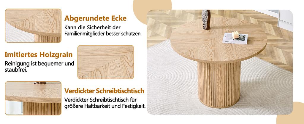 Round Dining Table Made of MDF (100 cm) for 4-6 People: Tabletop (4 Segments) in Light Wood Look, Cylindrical Legs with Metal Support & Velcro.