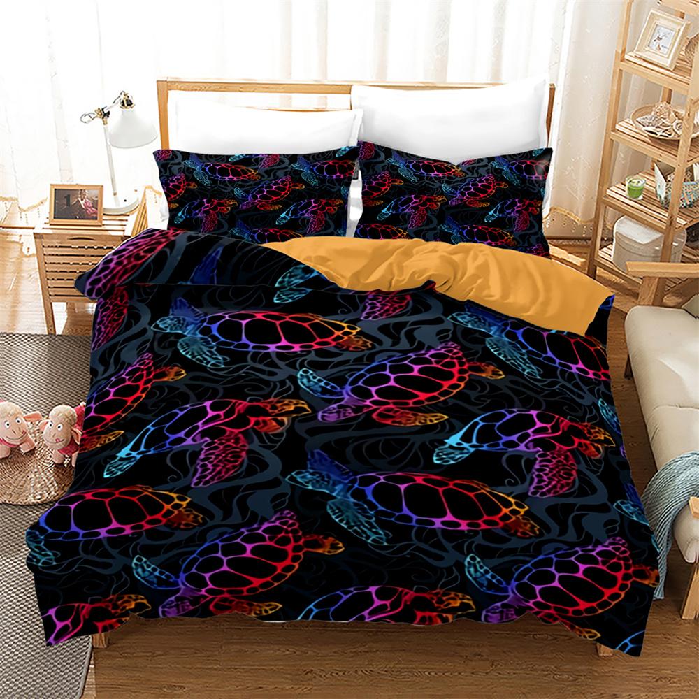 Sea Turtle Duvet Cover Set Black Gold Tortoise Reptile Bedding Set King Twin Size Polyester Comforter Cover for Kids Boys Girls