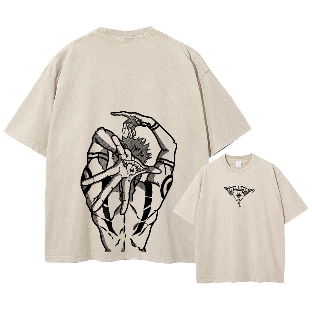 Anime Printed Streetwear Vintage Washed T-shirt Men Harajuku Manga Graphic Print Gojo Acid Wash Tops Tee Shirt