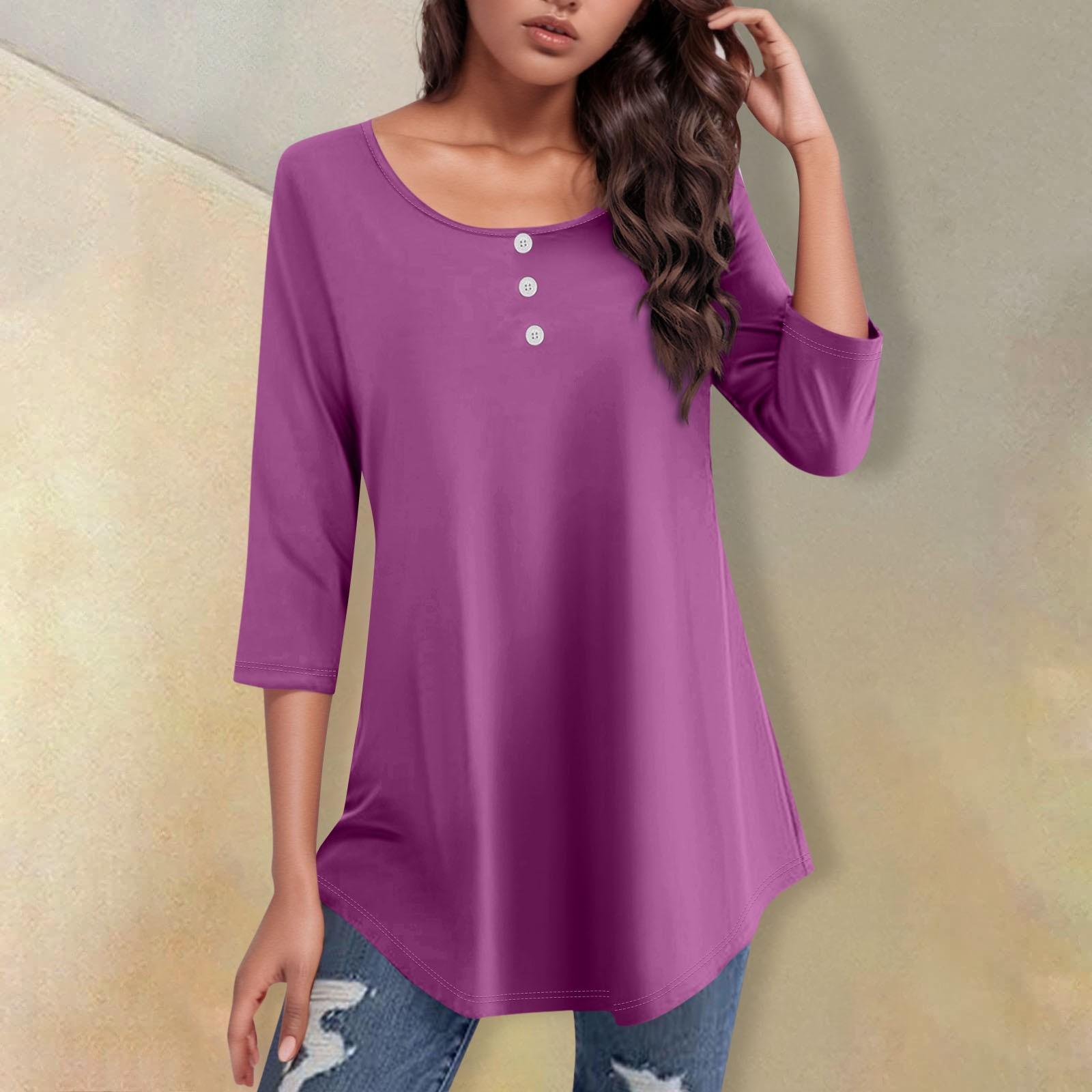 

Рубашки с рукавом 3/4 для женщин, однотонная повседневная футболка с круглым вырезом и пуговицами, топ с изогнутым краем XXXL фиолетовый