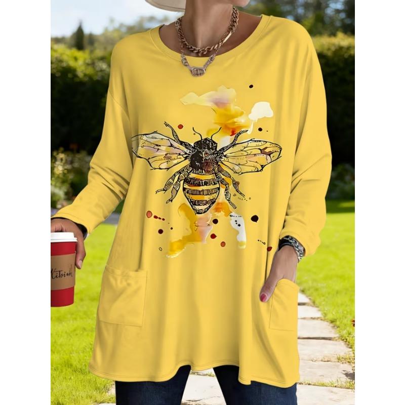 Women's long-sleeved round-neck T-shirt, suitable for spring, autumn and winter seasons. It has pockets and print designs. machine washable.