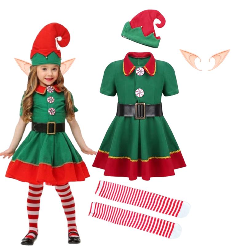 Girl Boy Christmas Elf Costumes Santa Claus Suit Festival Adult Family Halloween Cosplay Sets Green Elves Clothes