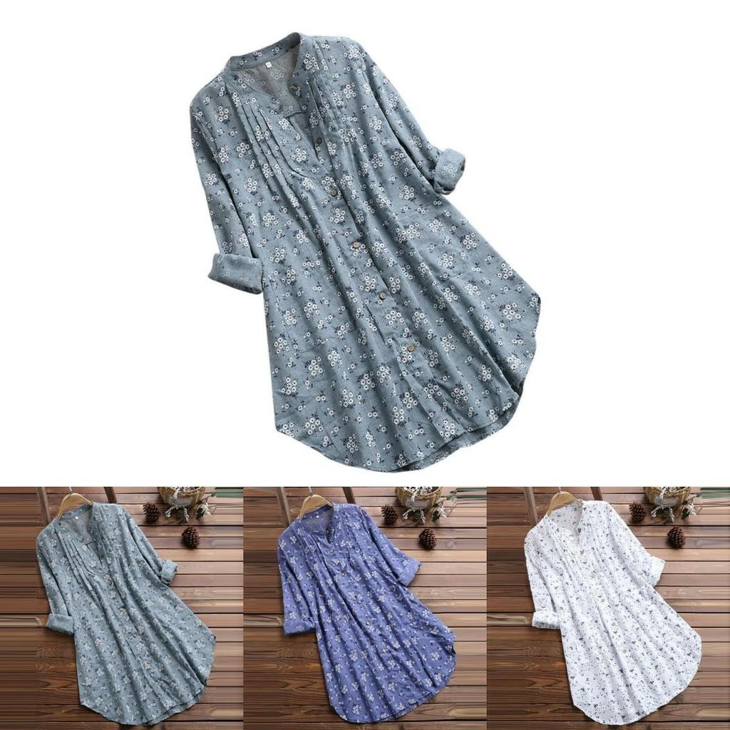 Elegant Women V-neck Long Sleeve Flower Print Linen Shirt Ladies Casual Loose Blouse Top