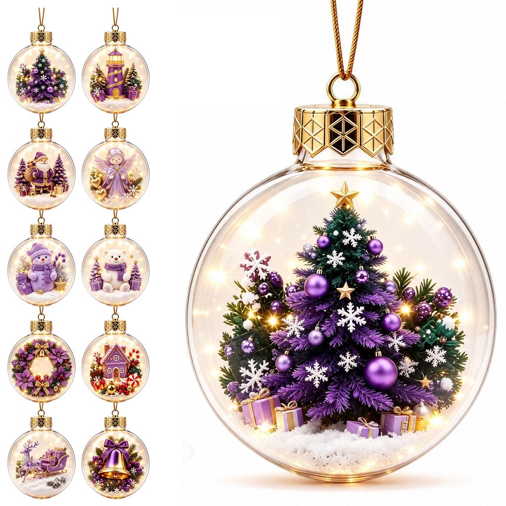 Purple 3D Christmas Tree Ornament with Warm Light, Transparent Ball with Christmas Scene, Festive Hanging Decoration for Christmas Tree