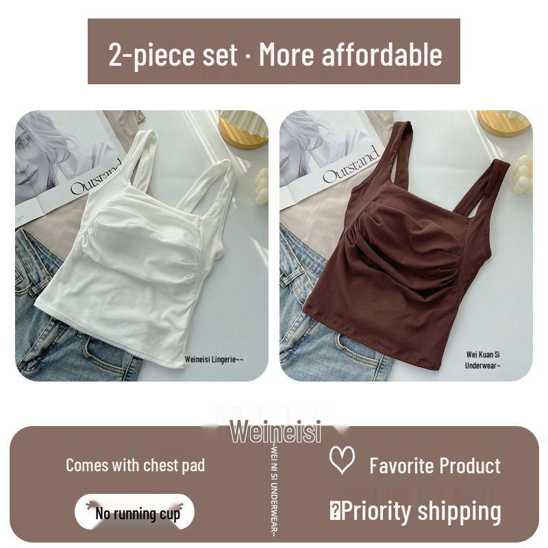 Korean Ruffled Spaghetti Strap Women's Tank with Chest Pads - Sexy Backless Slimming Base Layer