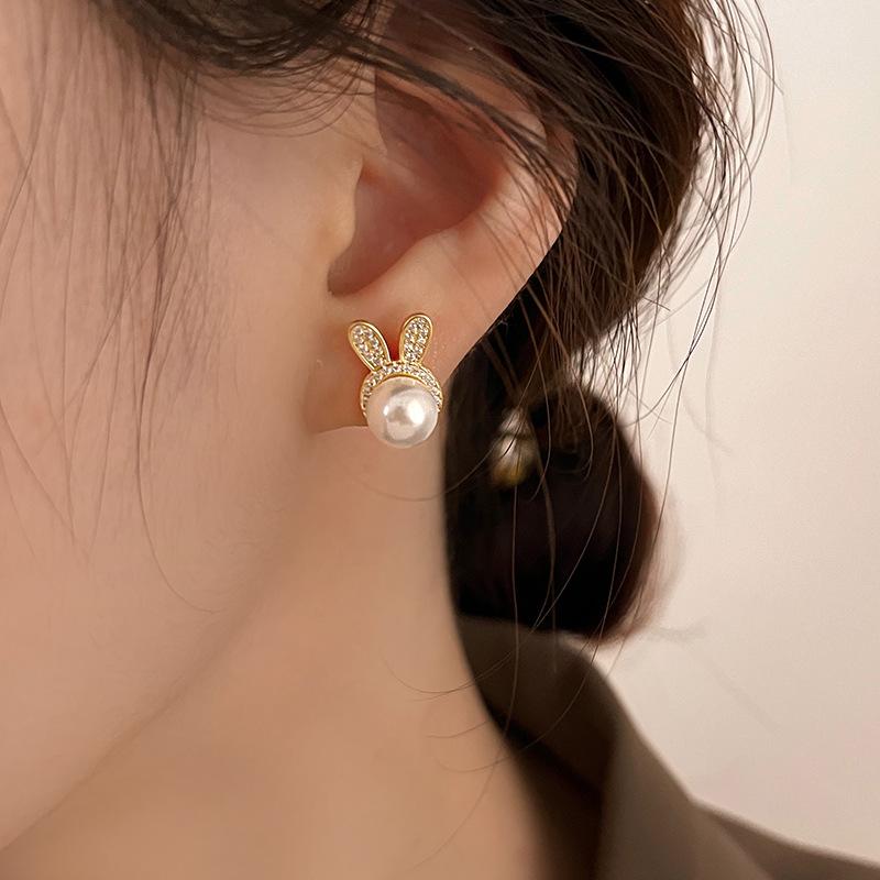 Women's Pearl Rabbit Earrings with Diamonds and Ladies